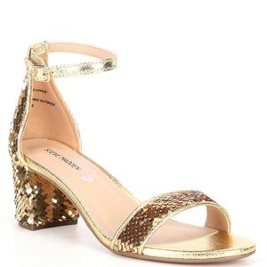 NEW STEVE MADDEN GOLD SEQUIN BLOCK HEEL DRESS SANDALS (YOUTH) SIZE 6 NEVER WORN